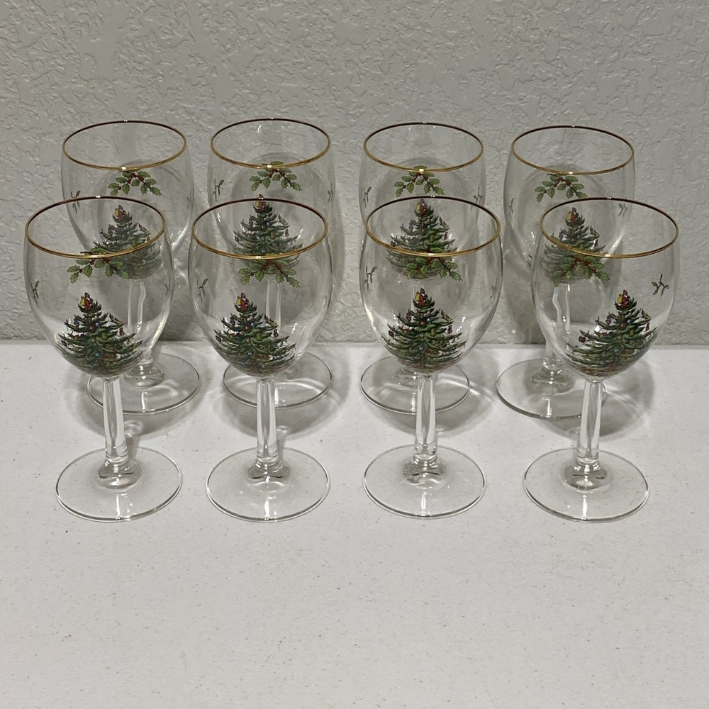 Vintage Spode Tree Happy Holidays Stemware 8oz Wine Glasses Set Of 8